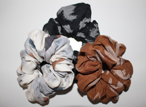 Three Zero-Waste Scrunchies. Made from fabric off-cuts of our sustainably sourced hemp and organic cotton handloom fabrics. Made in Australia by our partner charity The Social Studio.