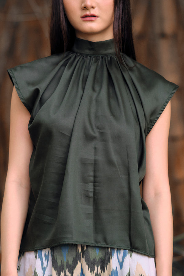 Simi High Neck Blouse - Forest Green (Tencel)