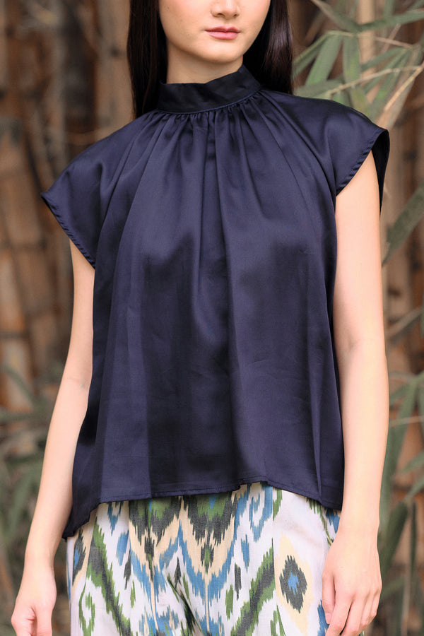 Simi High Neck Blouse - Midnight Blue (Tencel)