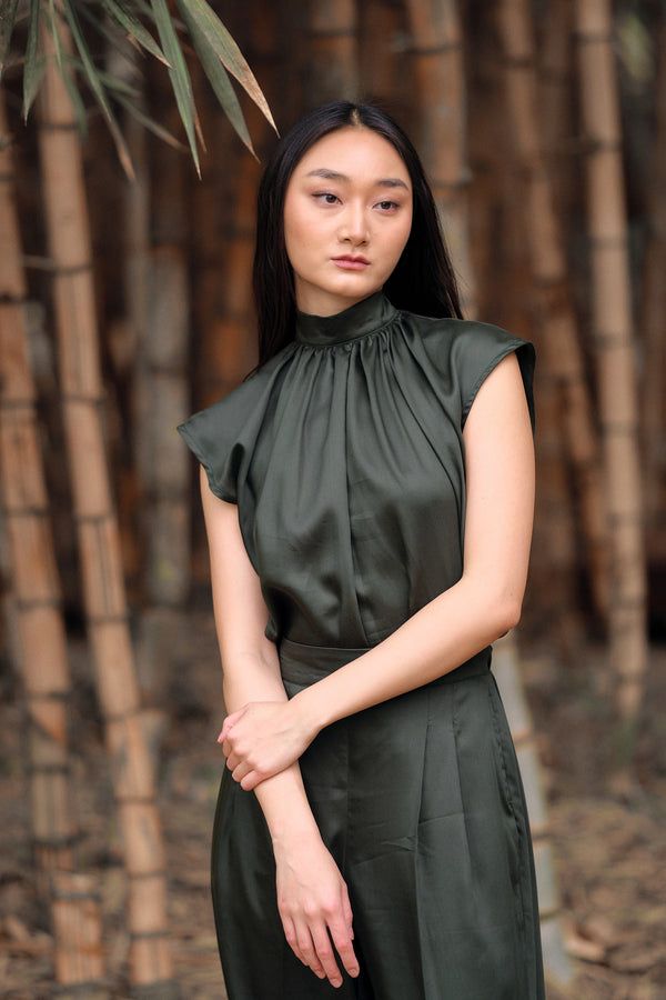 Simi High Neck Blouse - Forest Green (Tencel)