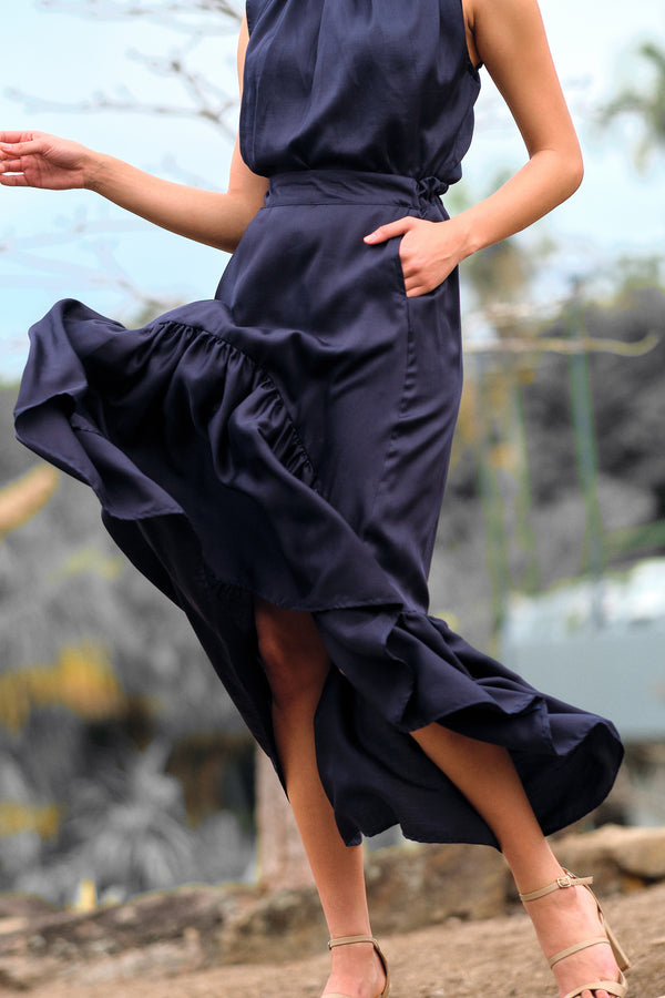 Salma Asymmetric Frill Skirt - Midnight Blue (Tencel)