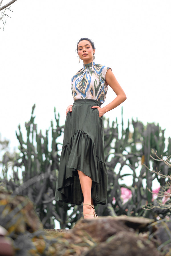 Salma Asymmetric Frill Skirt - Forest Green (Tencel)