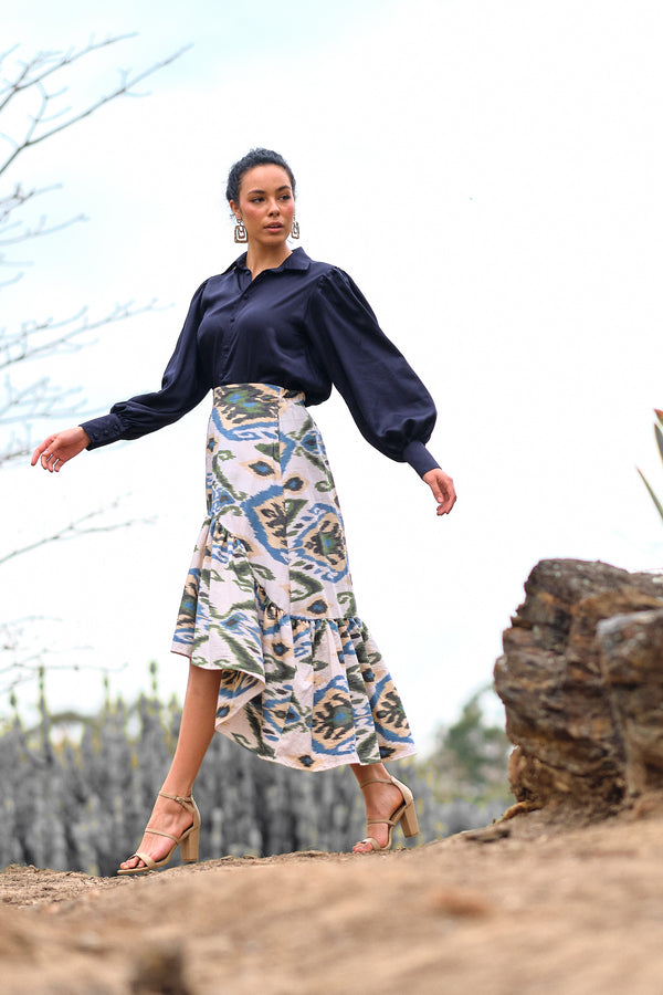 Salma Asymmetric Frill Skirt - Peacock (Organic Cotton)